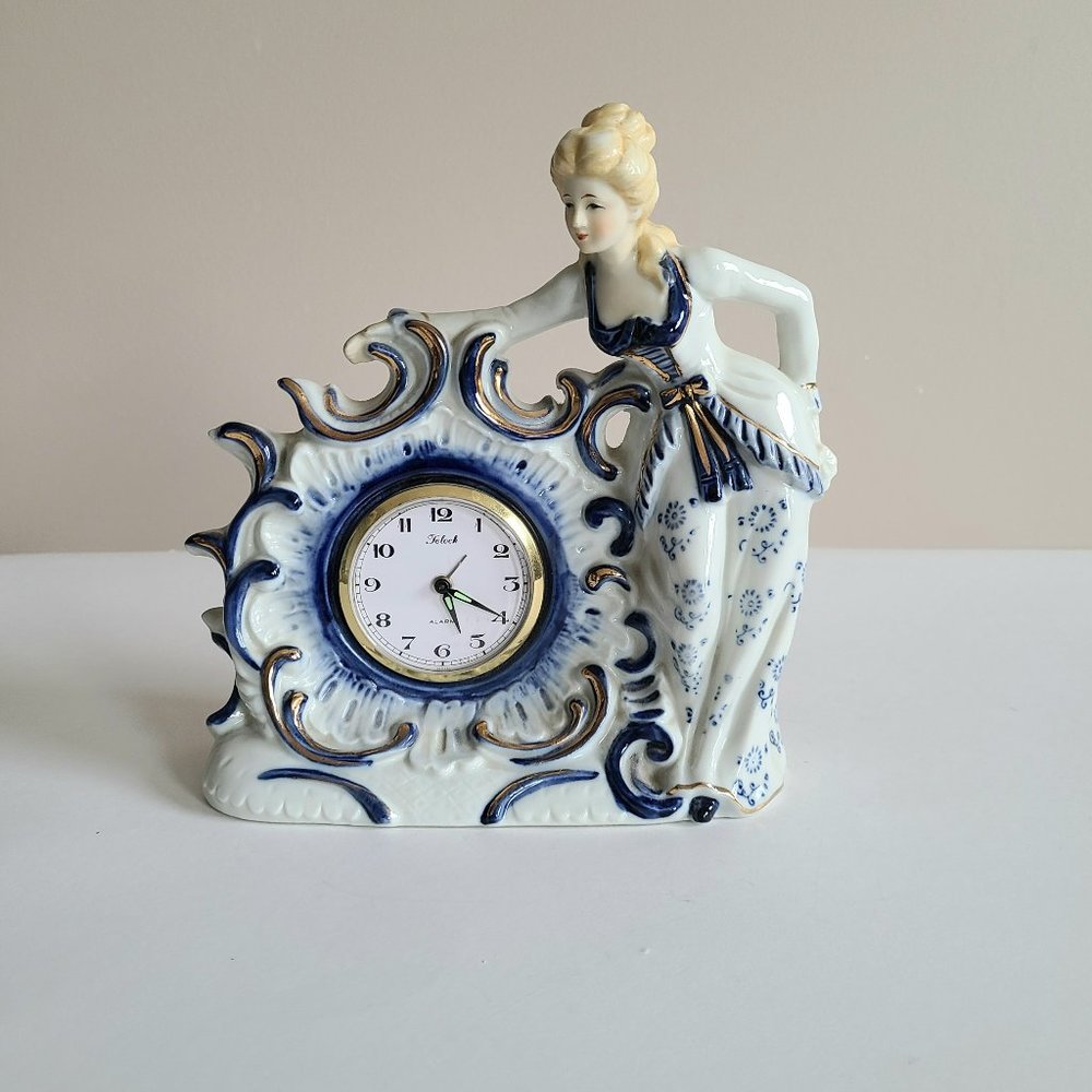 Vintage porcelain table clock with lady figurine Japan. AS IS